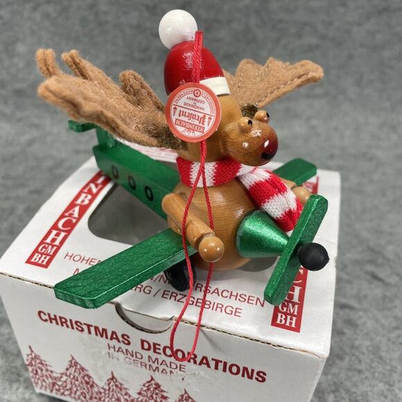 Vintage Steinbach Handcrafted Wood Christmas Ornament Moose Flying Plane Germany - Picture 7 of 8